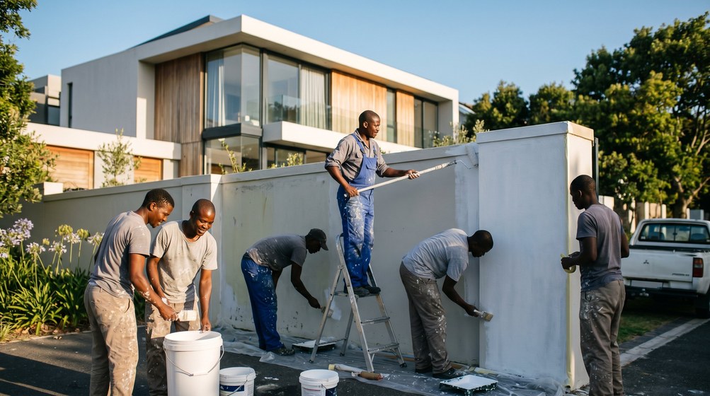 Professional team painting a boundary wall at a modern home in Royal Ascot