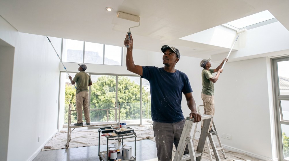 Professional ceiling painters rolling white paint onto a high ceiling in Royal Ascot