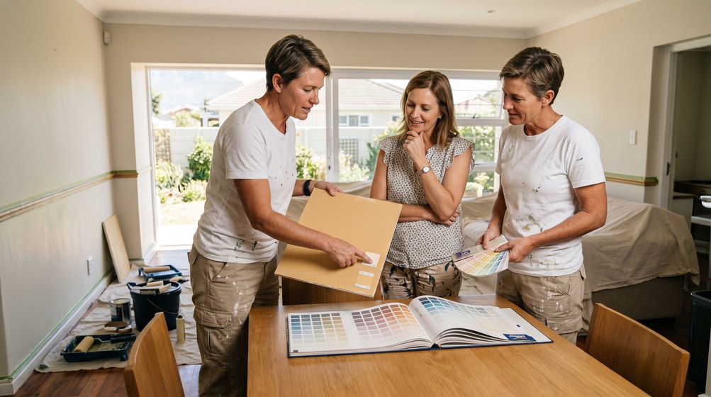Professional colour consultant showing paint swatches to a homeowner in Royal Ascot