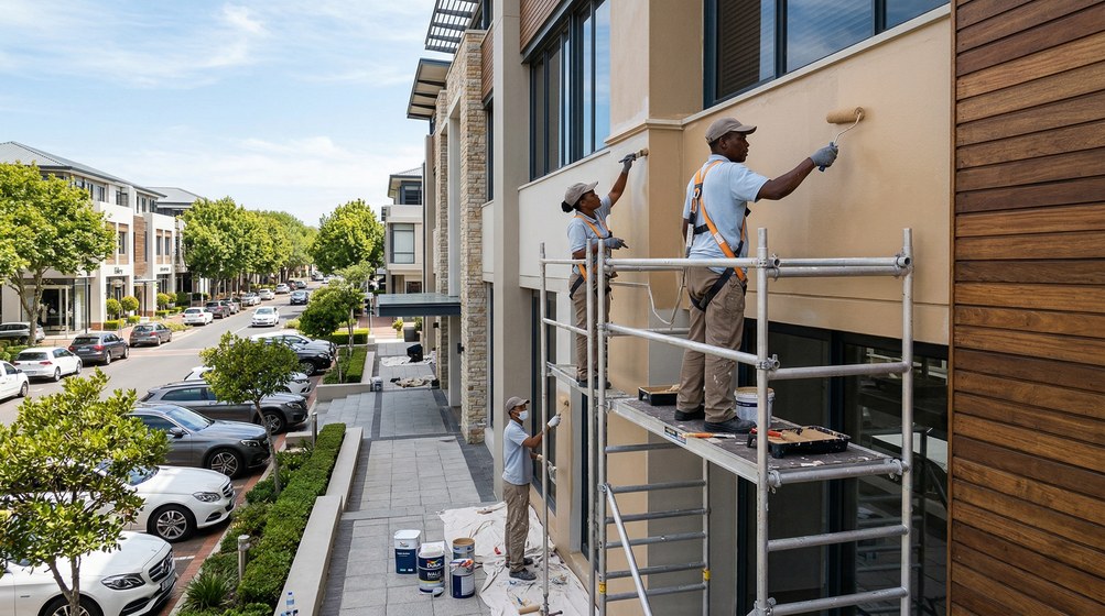 Professional commercial painters on scaffolding painting a building in Royal Ascot