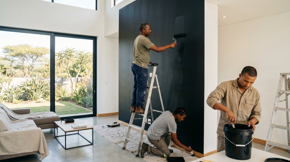Professional painters creating a bold black feature wall in a modern Royal Ascot home