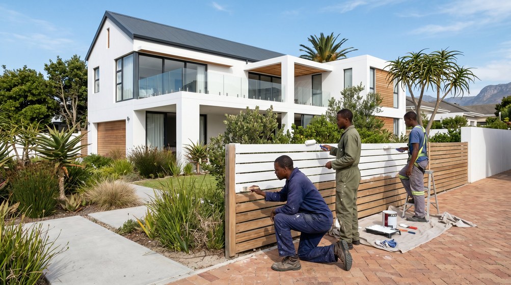 Professional fence painters painting a wooden fence at a Royal Ascot home in Royal Ascot