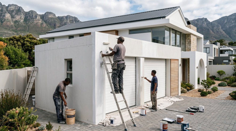 Professional painters painting a double garage exterior and garage doors in Royal Ascot