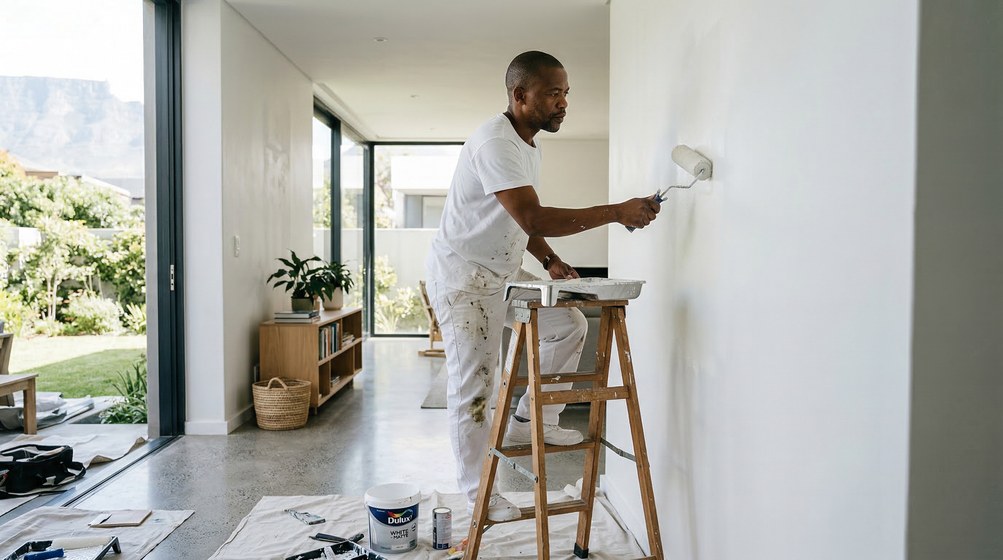 Professional interior painter in Royal Ascot painting walls with a roller