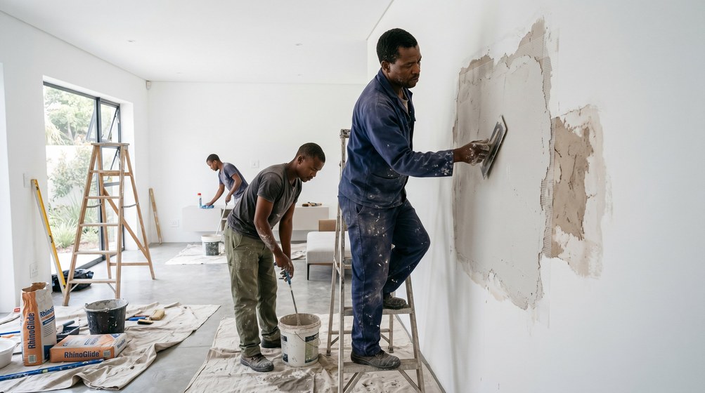 Professional plaster repair team skim coating damaged walls in Royal Ascot