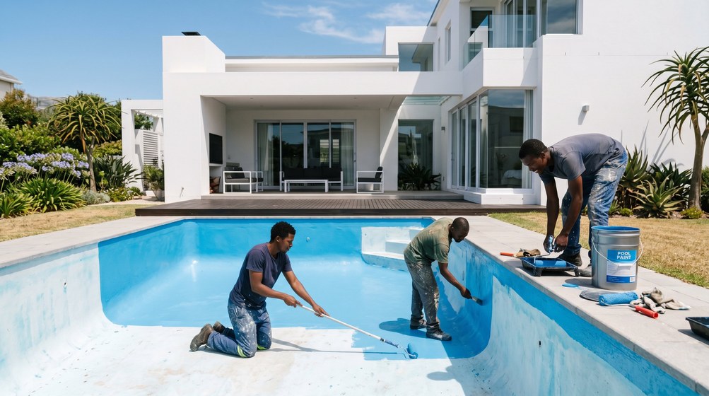 Professional pool painters applying blue pool paint to a swimming pool in Royal Ascot