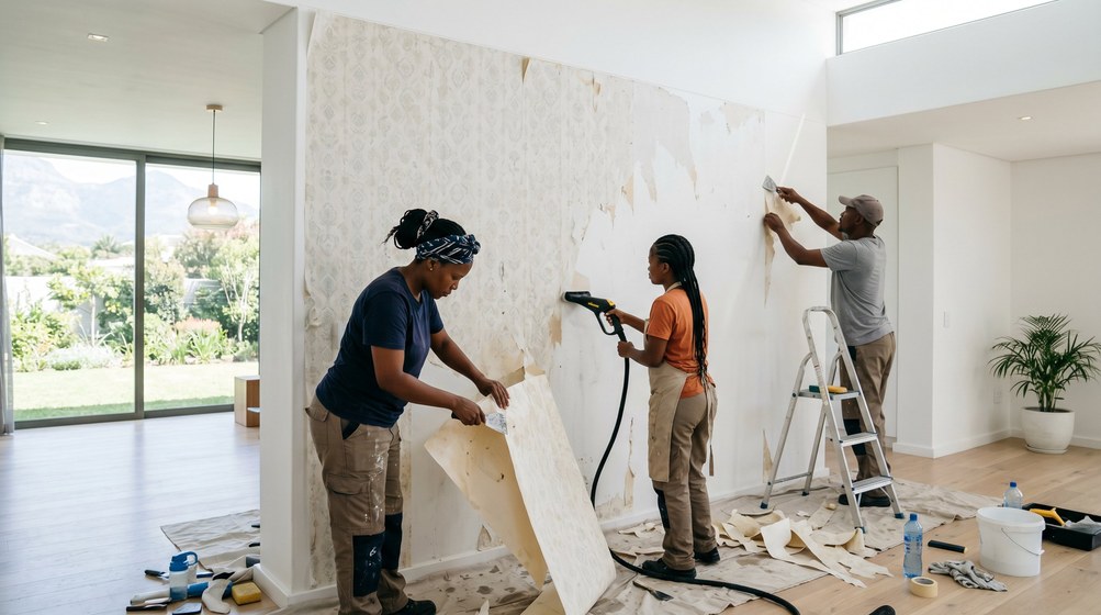 Professional wallpaper removal team stripping old wallpaper in a Royal Ascot home