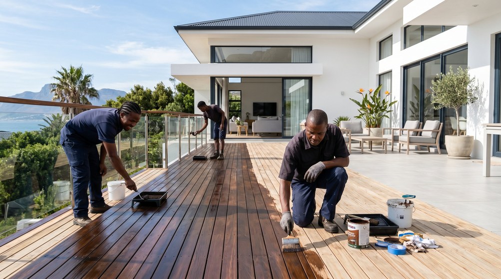 Professional wood staining team applying deck stain on a home in Royal Ascot